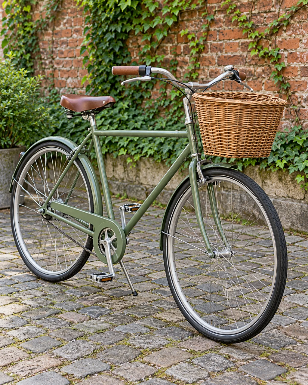 Green city bicycle with a wicker basket in front of a brick wall with ivy