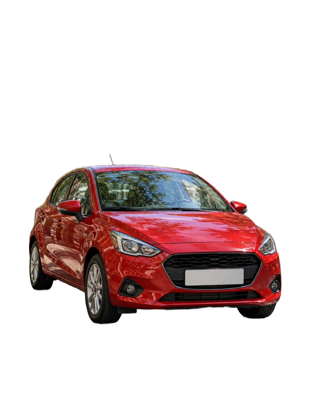 Transparent: Red hatchback parked on a city street