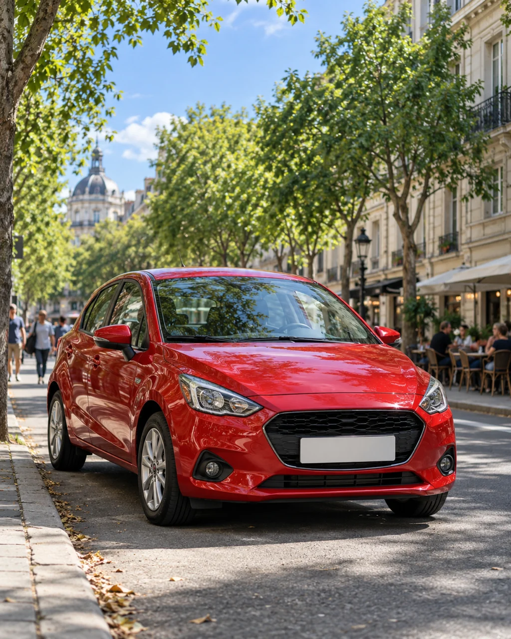 Original: Red hatchback parked on a city street