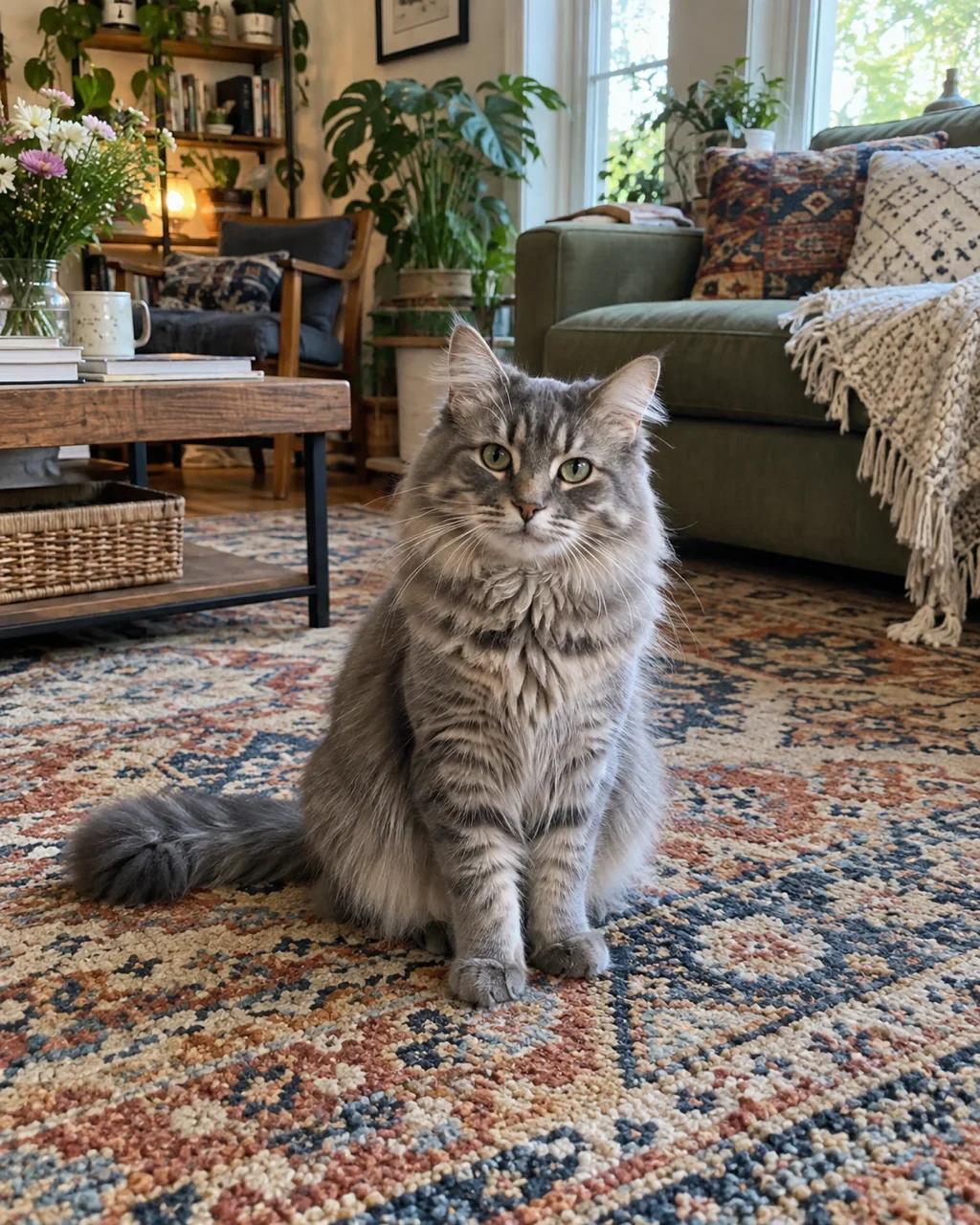 Original: Long-haired tabby cat sitting on a patterned rug