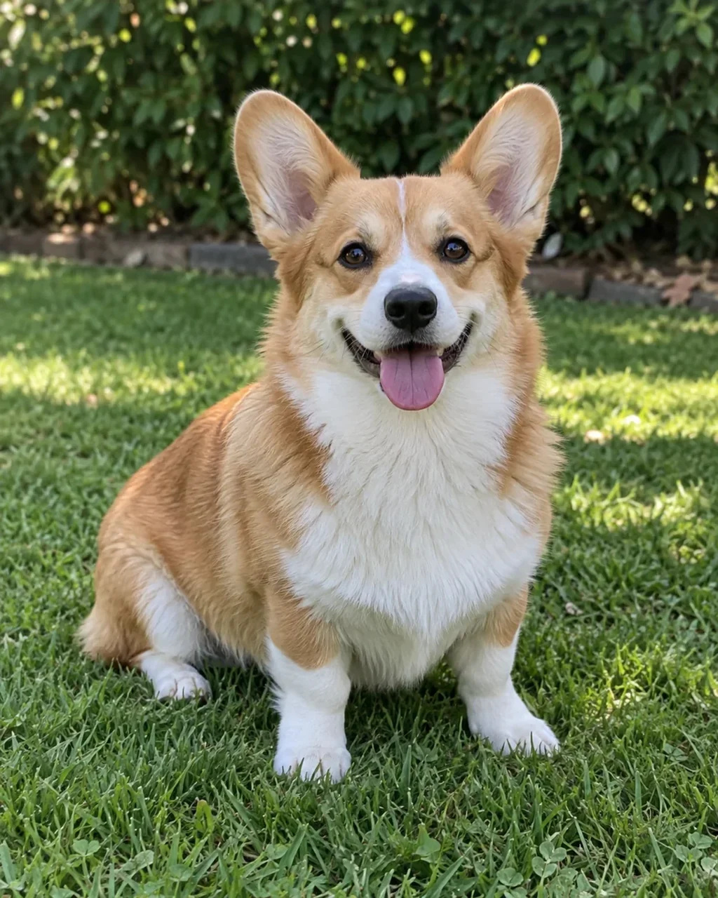 Corgi sitting on green grass in front of a hedge