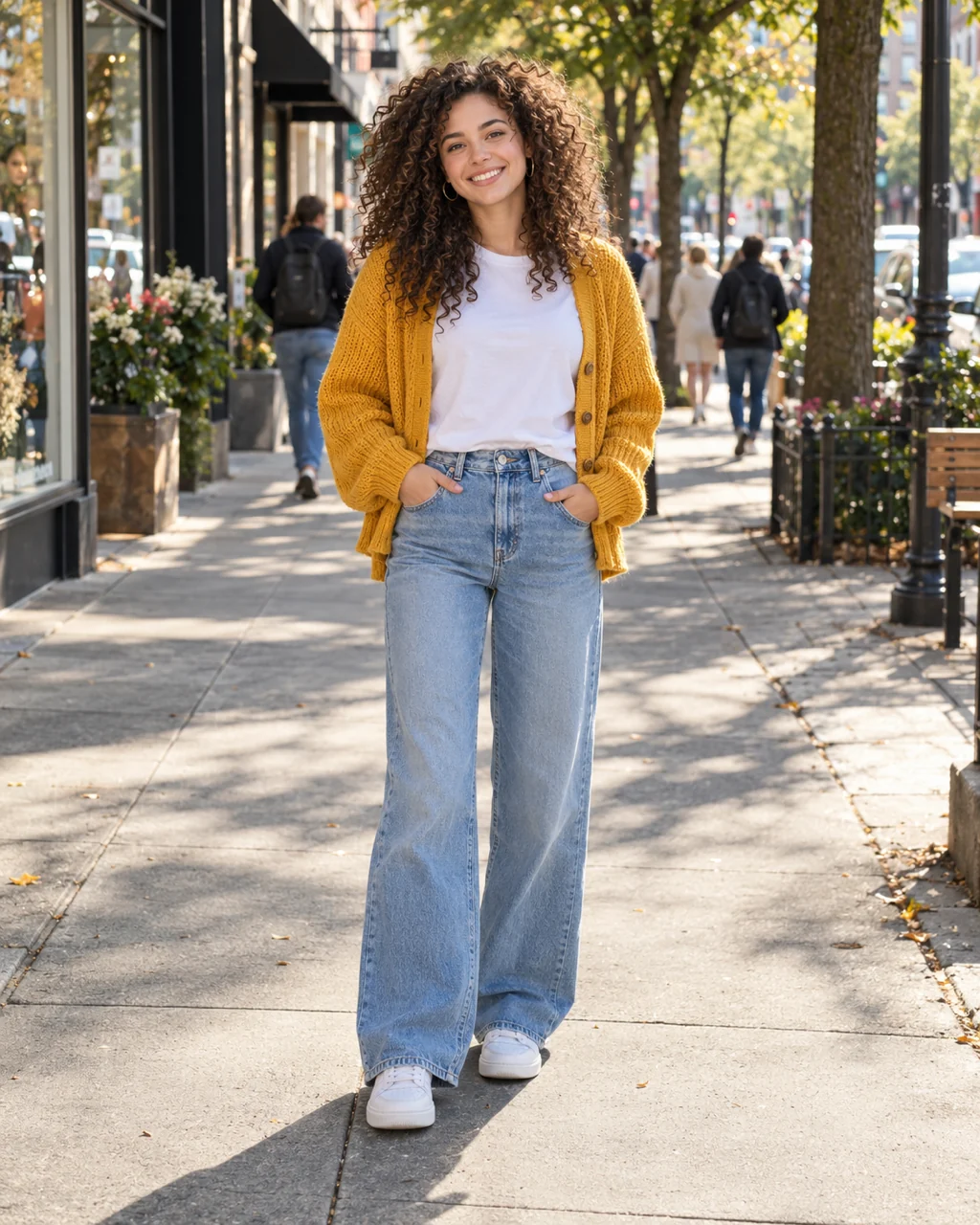 Woman with big curly hair in a yellow cardigan standing on a busy city sidewalk