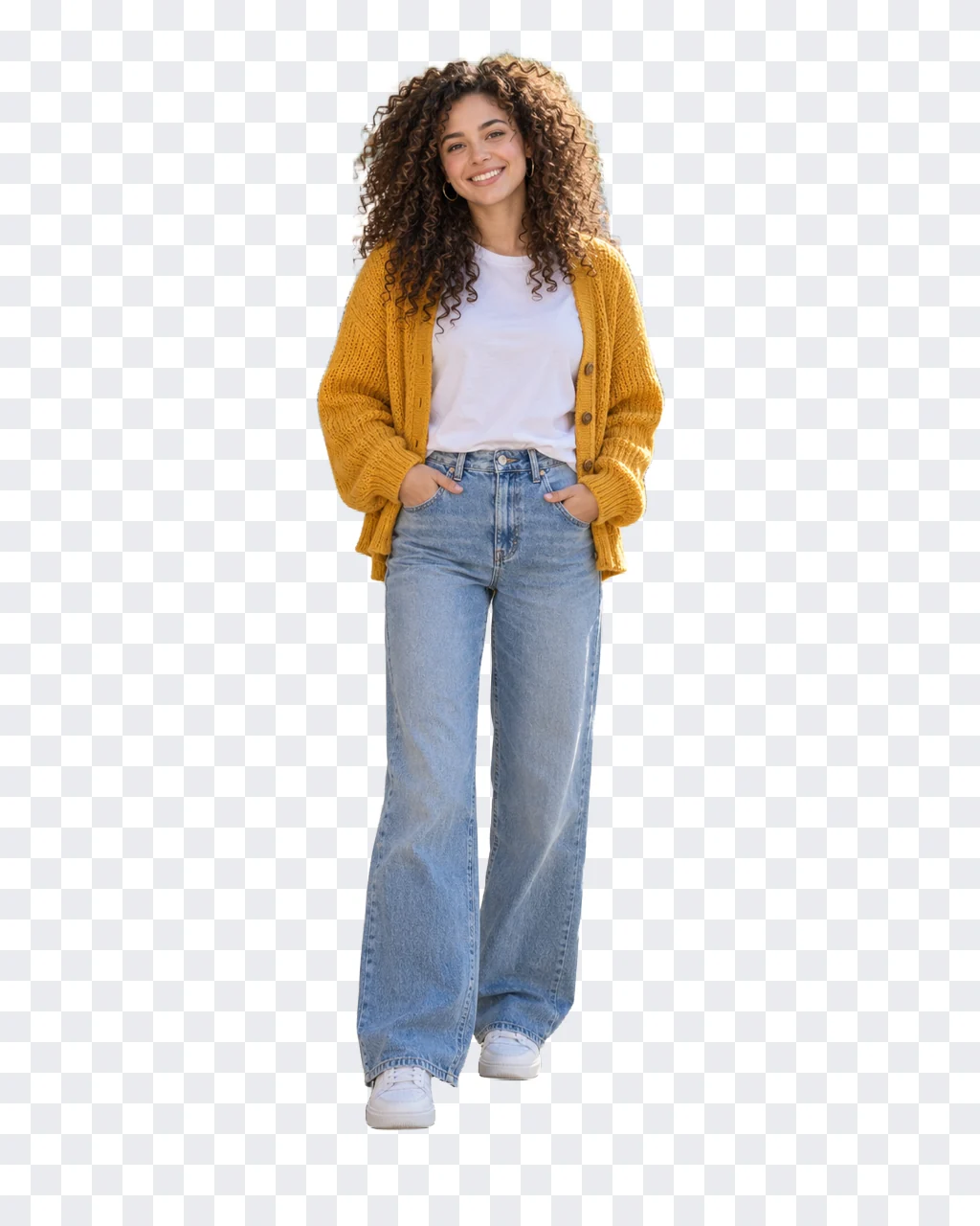 The same woman cut out on a transparent background, curls intact