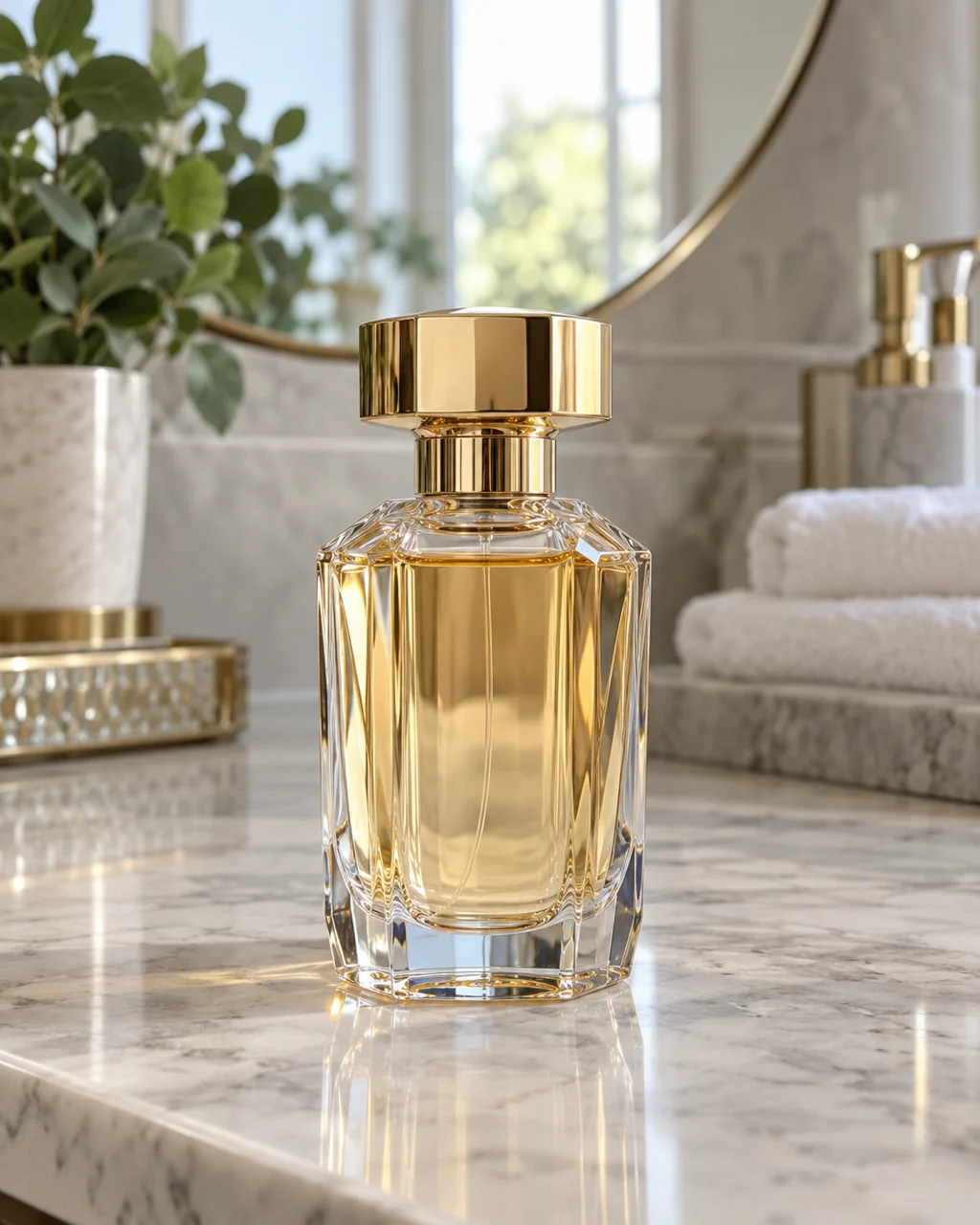 Glass perfume bottle with a gold cap on a marble bathroom shelf