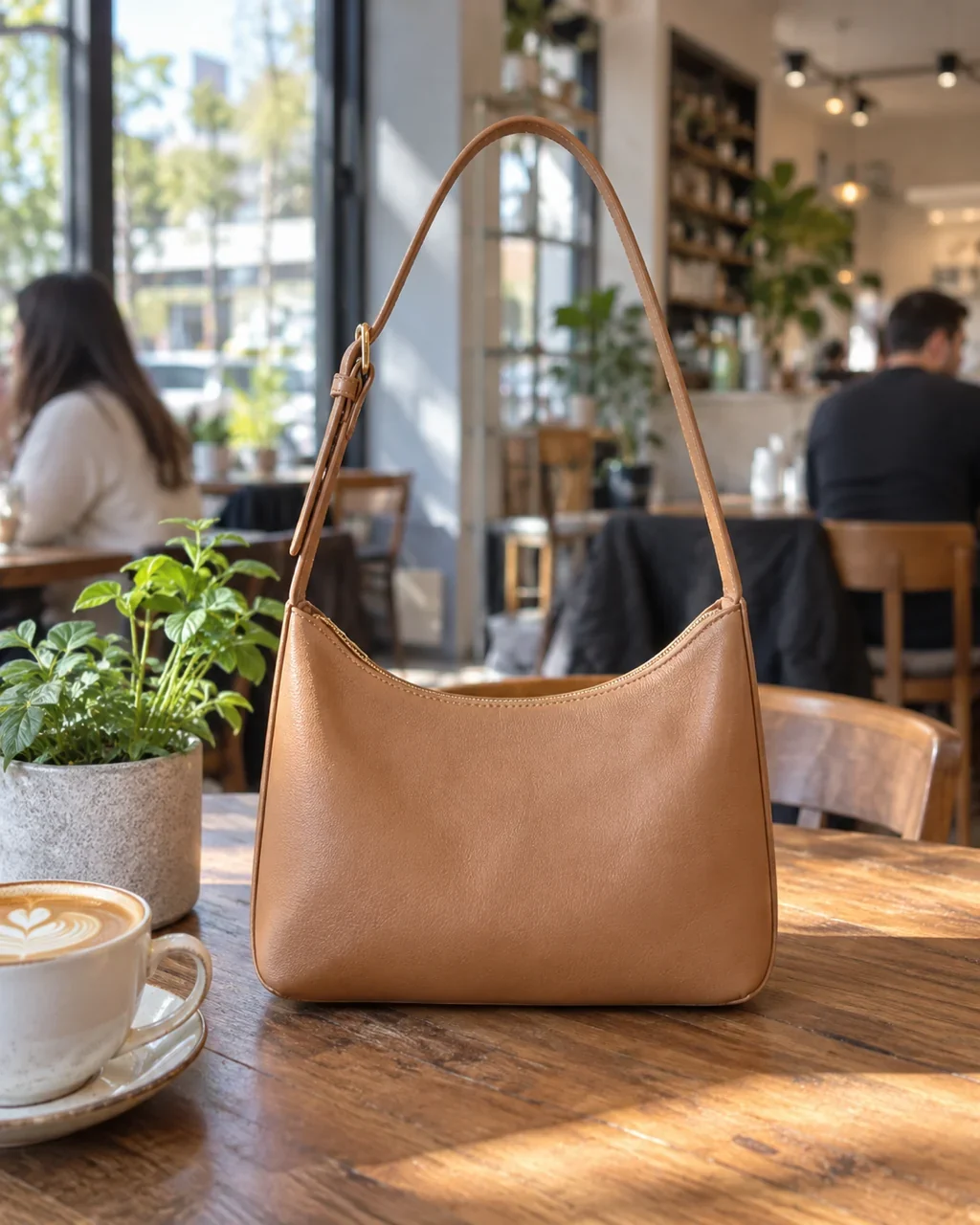 Original: Brown leather handbag on a café table