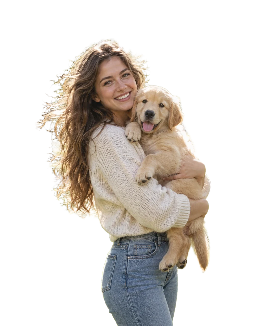 Transparent: Smiling woman with long wavy hair holding a golden retriever puppy in a sunny park