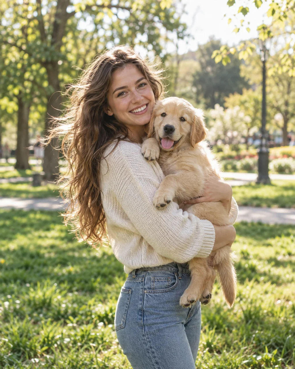 Original: Smiling woman with long wavy hair holding a golden retriever puppy in a sunny park