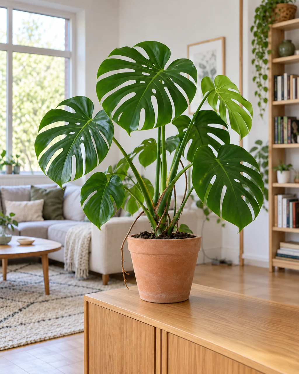 Potted monstera plant on a wooden sideboard in a bright living room