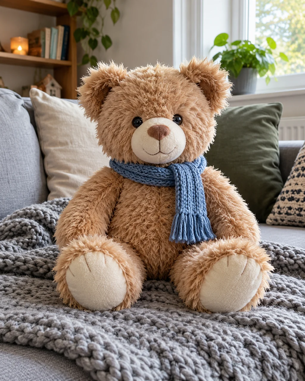 Teddy bear with a blue knitted scarf sitting on a sofa with a gray blanket