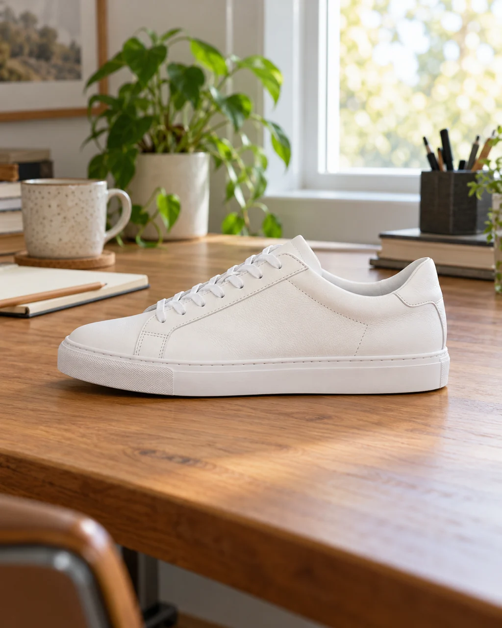 White leather sneaker on a wooden desk in a sunny home office