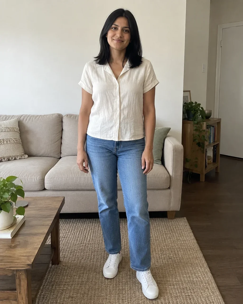 Woman in a white shirt and jeans standing in a living room