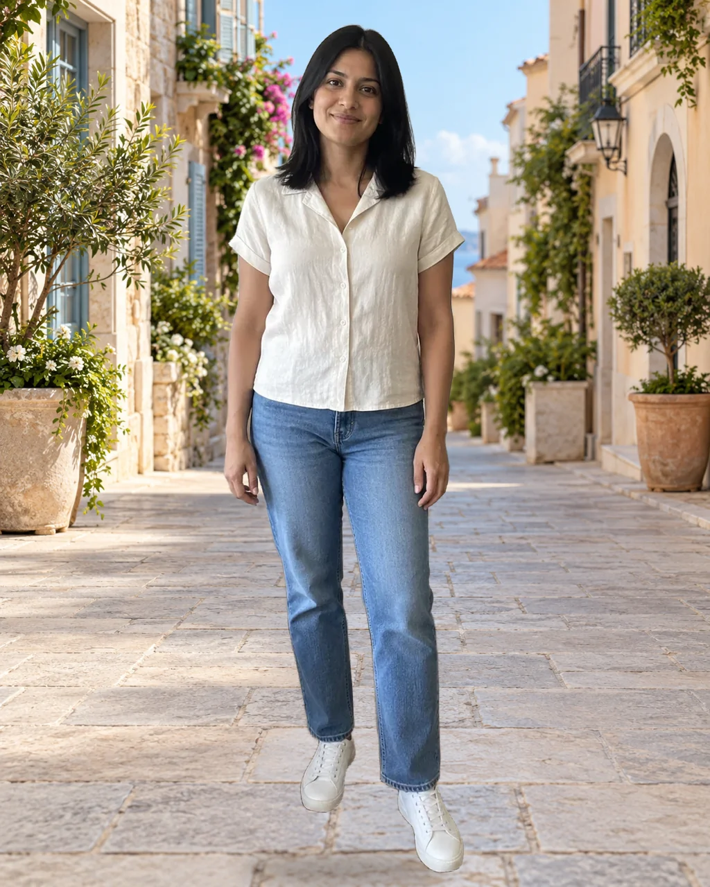 The woman placed on a sunny seaside street